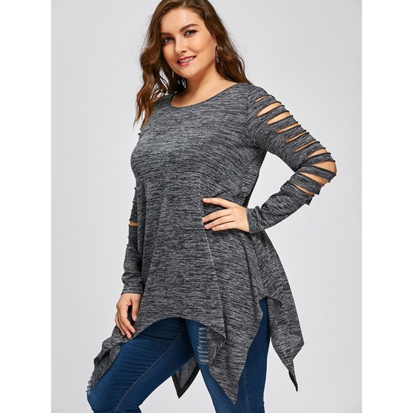 Plus Size Ripped Sleeve Handkerchief Top - Gray - Picture 3 of 7
